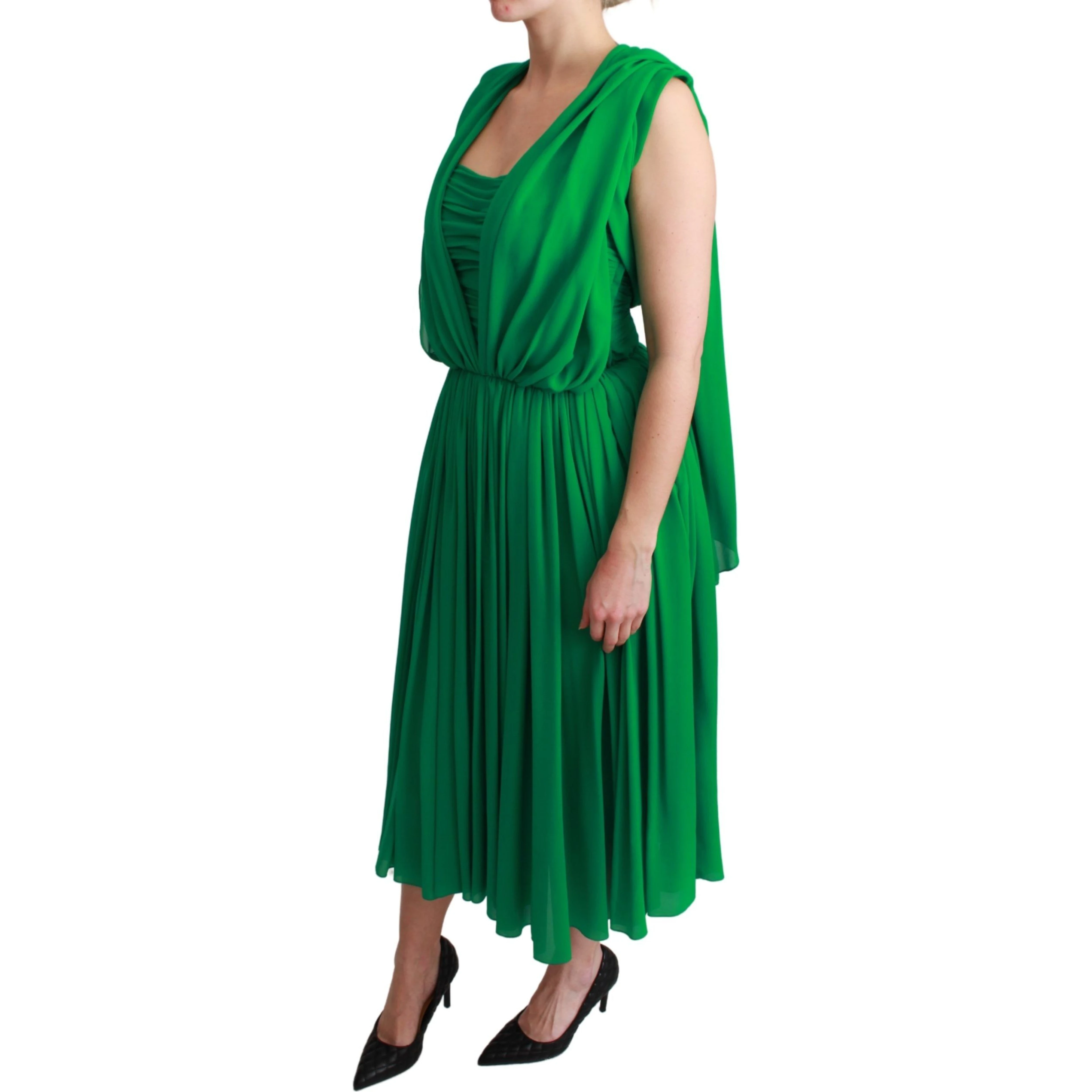 100% Silk Green Sleeveless Pleated Maxi Dress