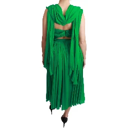 100% Silk Green Sleeveless Pleated Maxi Dress