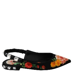 Black Floral Crystal Slingbacks Flats Shoes