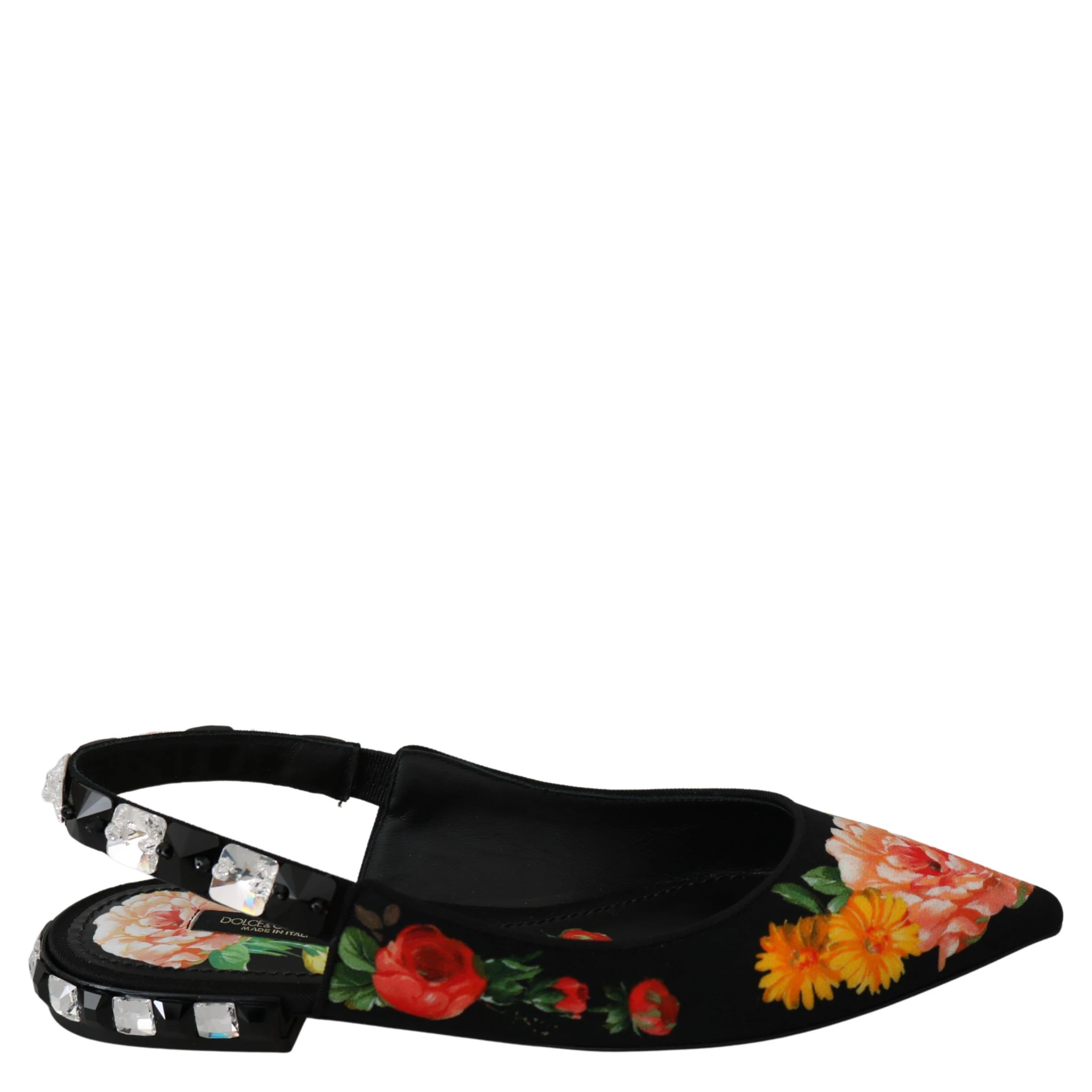 Black Floral Crystal Slingbacks Flats Shoes