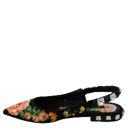 Black Floral Crystal Slingbacks Flats Shoes