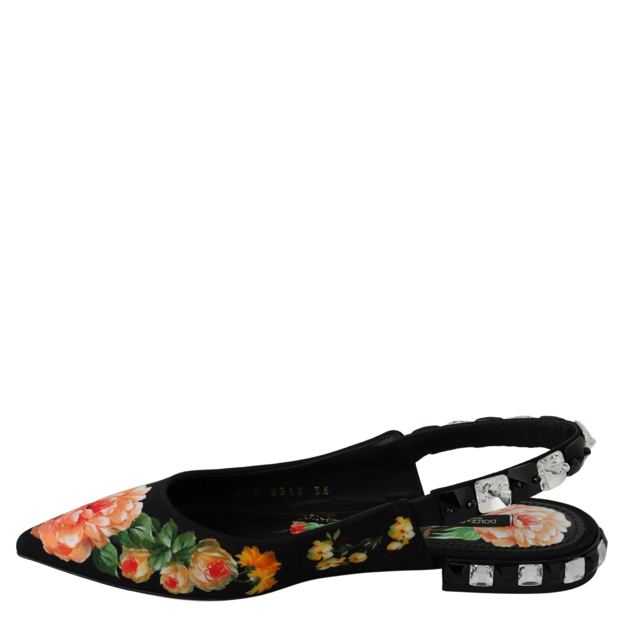 Black Floral Crystal Slingbacks Flats Shoes