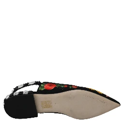 Black Floral Crystal Slingbacks Flats Shoes