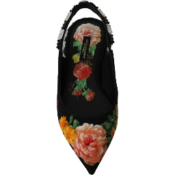 Black Floral Crystal Slingbacks Flats Shoes