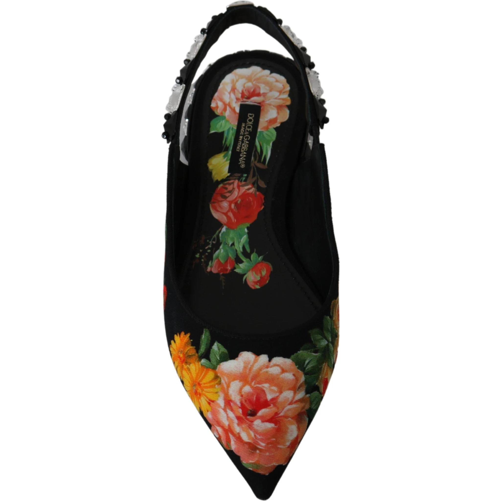 Black Floral Crystal Slingbacks Flats Shoes