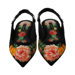 Black Floral Crystal Slingbacks Flats Shoes