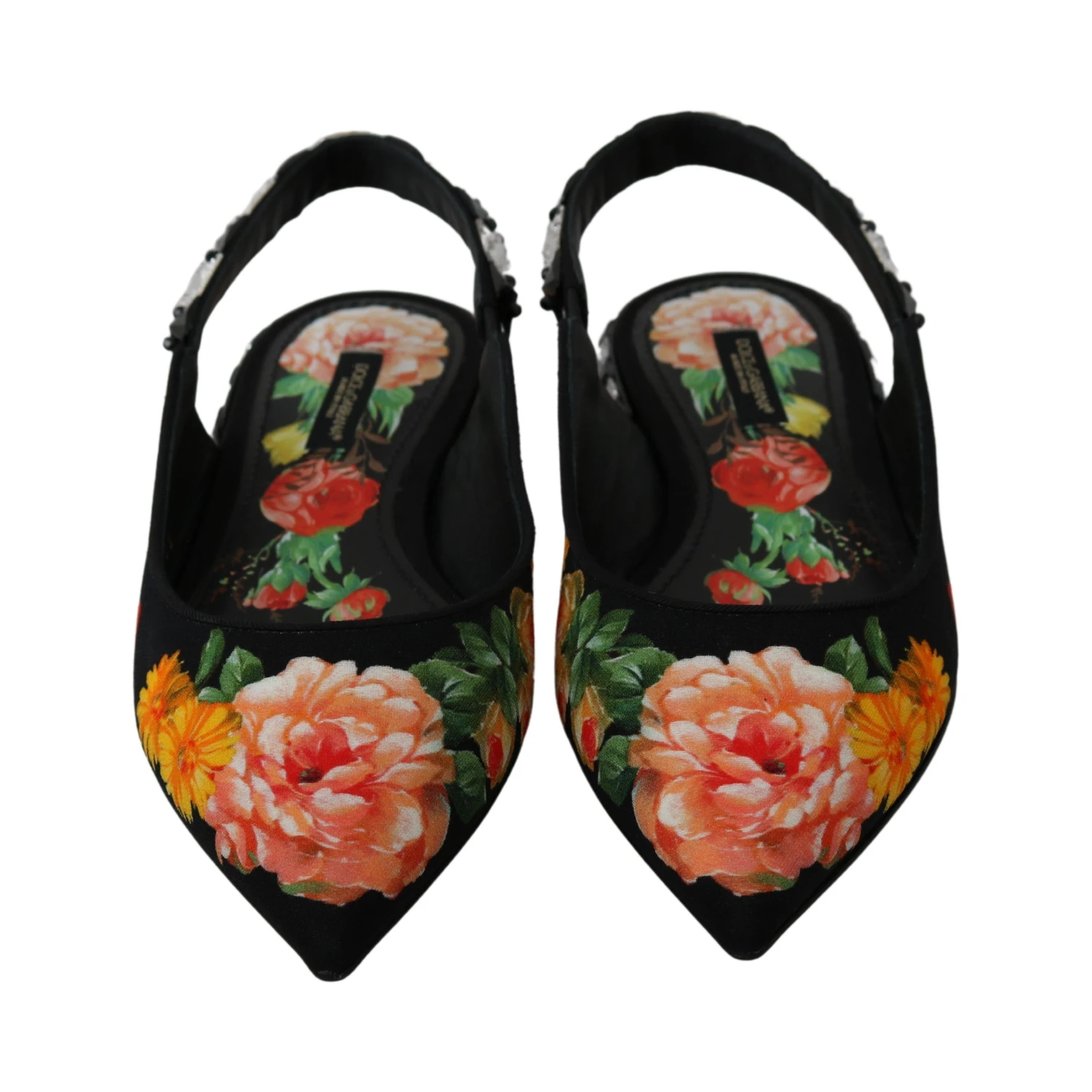 Black Floral Crystal Slingbacks Flats Shoes