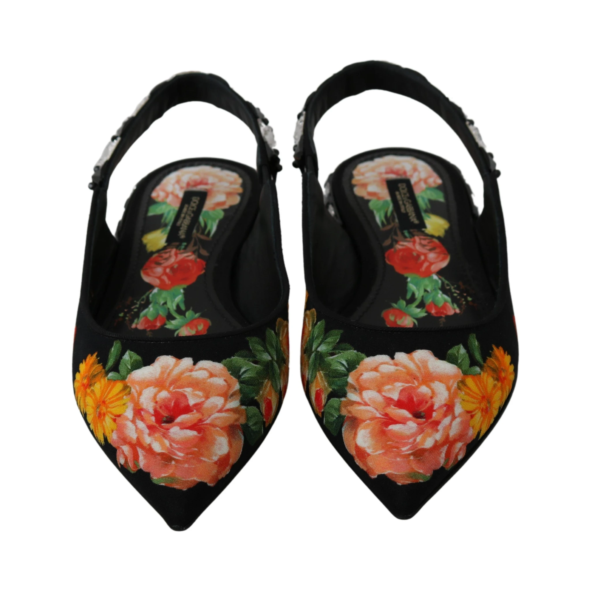 Black Floral Crystal Slingbacks Flats Shoes