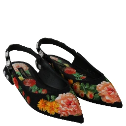 Black Floral Crystal Slingbacks Flats Shoes