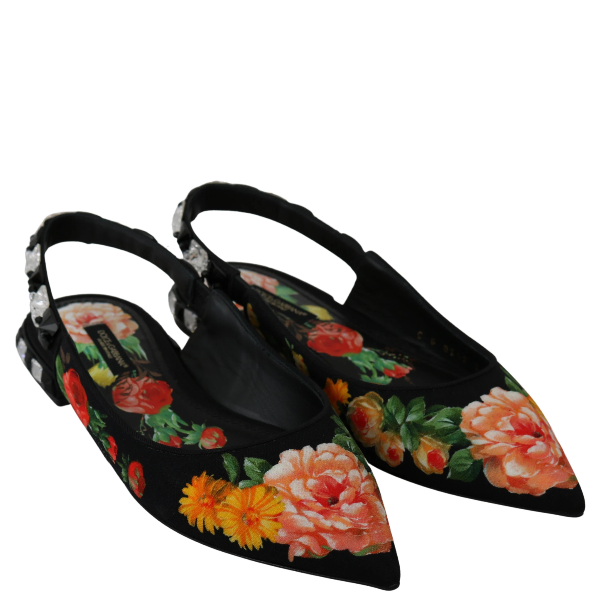 Black Floral Crystal Slingbacks Flats Shoes