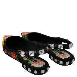 Black Floral Crystal Slingbacks Flats Shoes