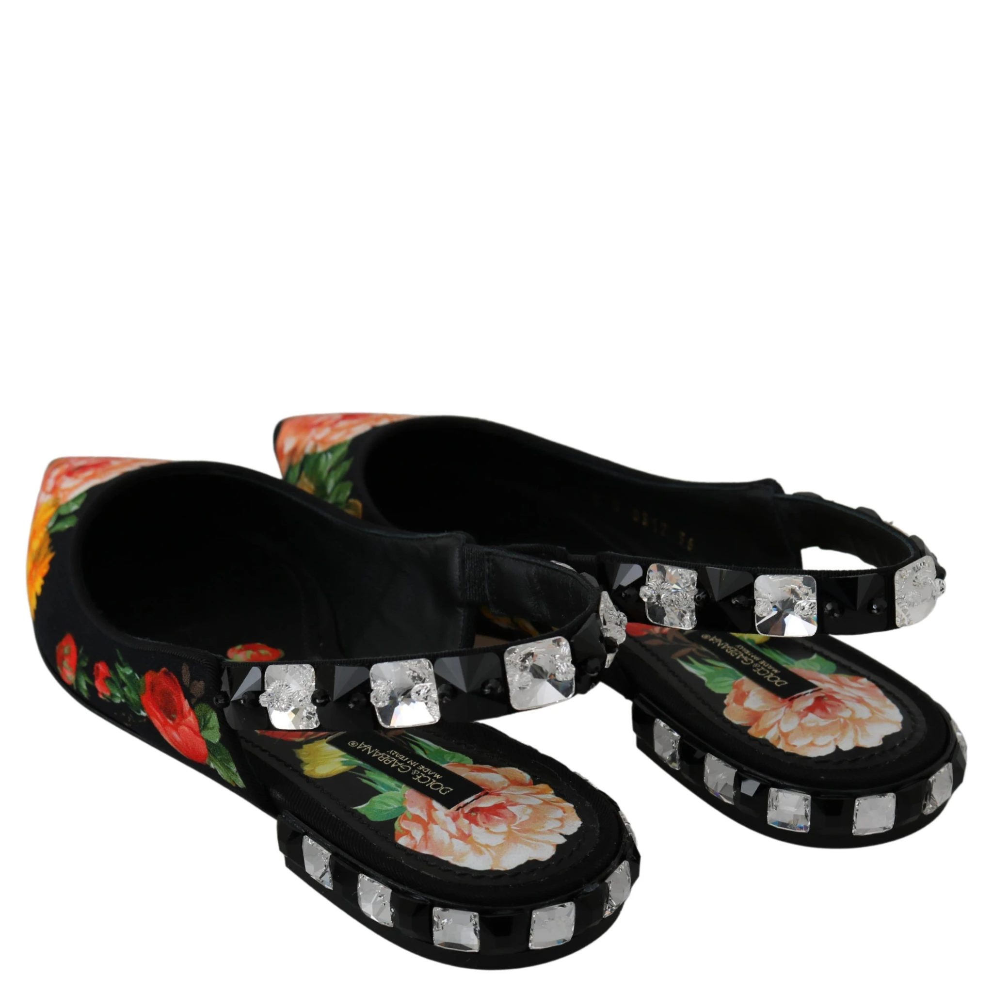 Black Floral Crystal Slingbacks Flats Shoes