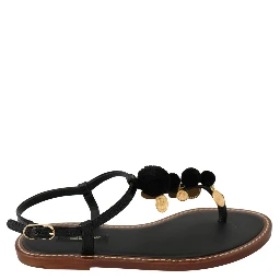 Black Leather Coins Flip Flops Sandals Shoes