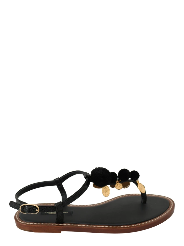 Black Leather Coins Flip Flops Sandals Shoes