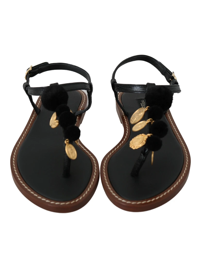 Black Leather Coins Flip Flops Sandals Shoes