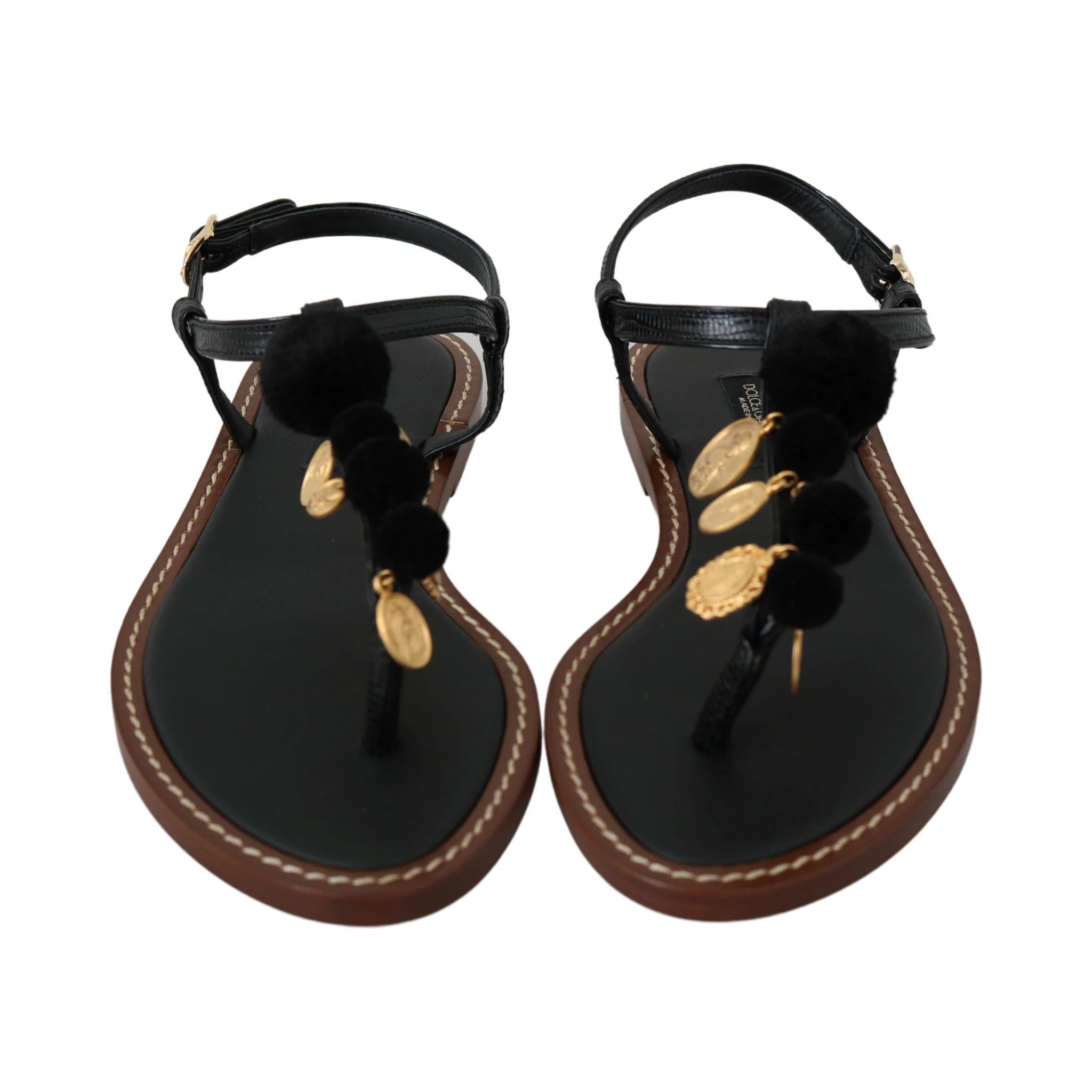 Black Leather Coins Flip Flops Sandals Shoes