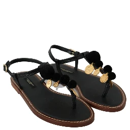 Black Leather Coins Flip Flops Sandals Shoes