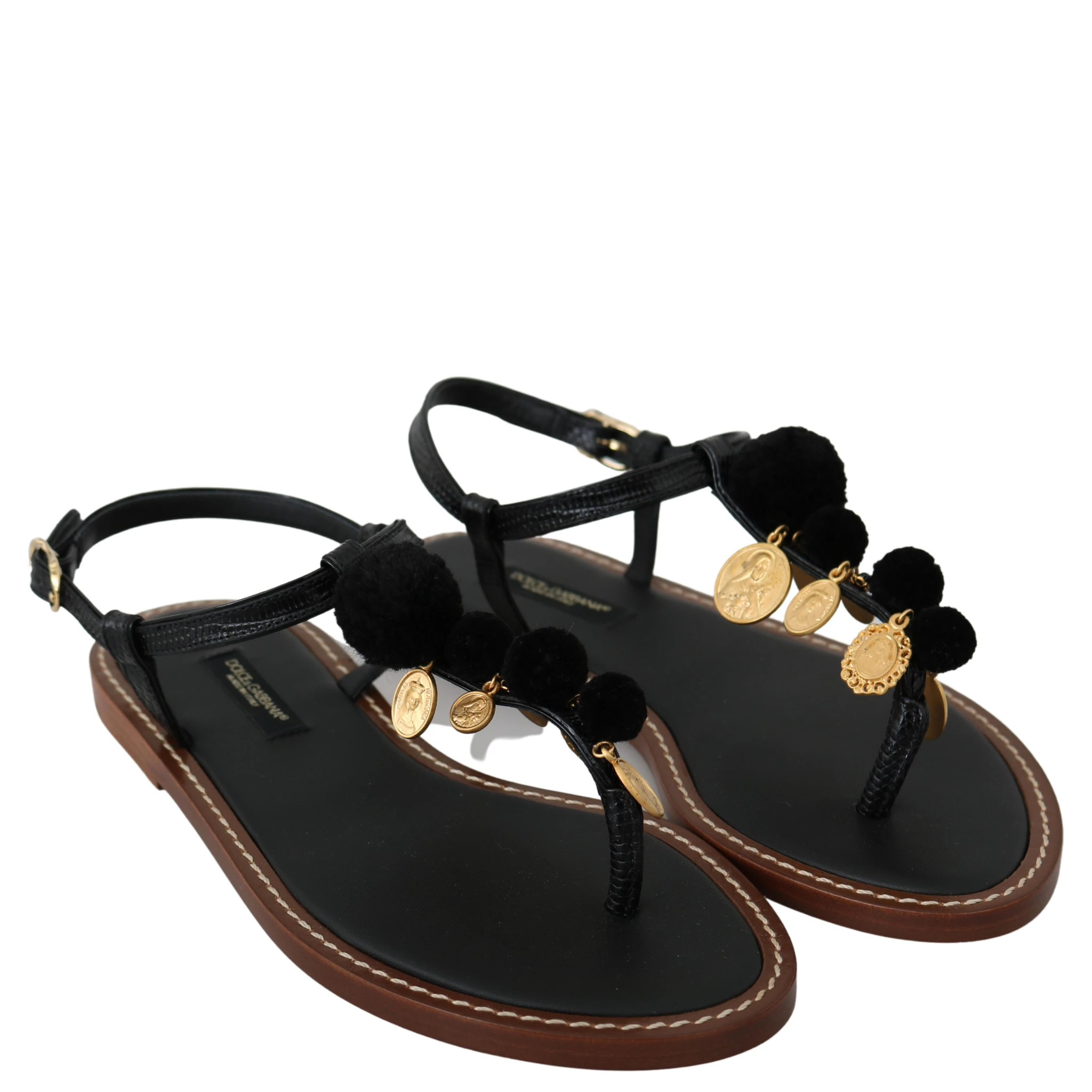 Black Leather Coins Flip Flops Sandals Shoes