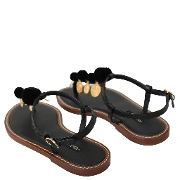 Black Leather Coins Flip Flops Sandals Shoes