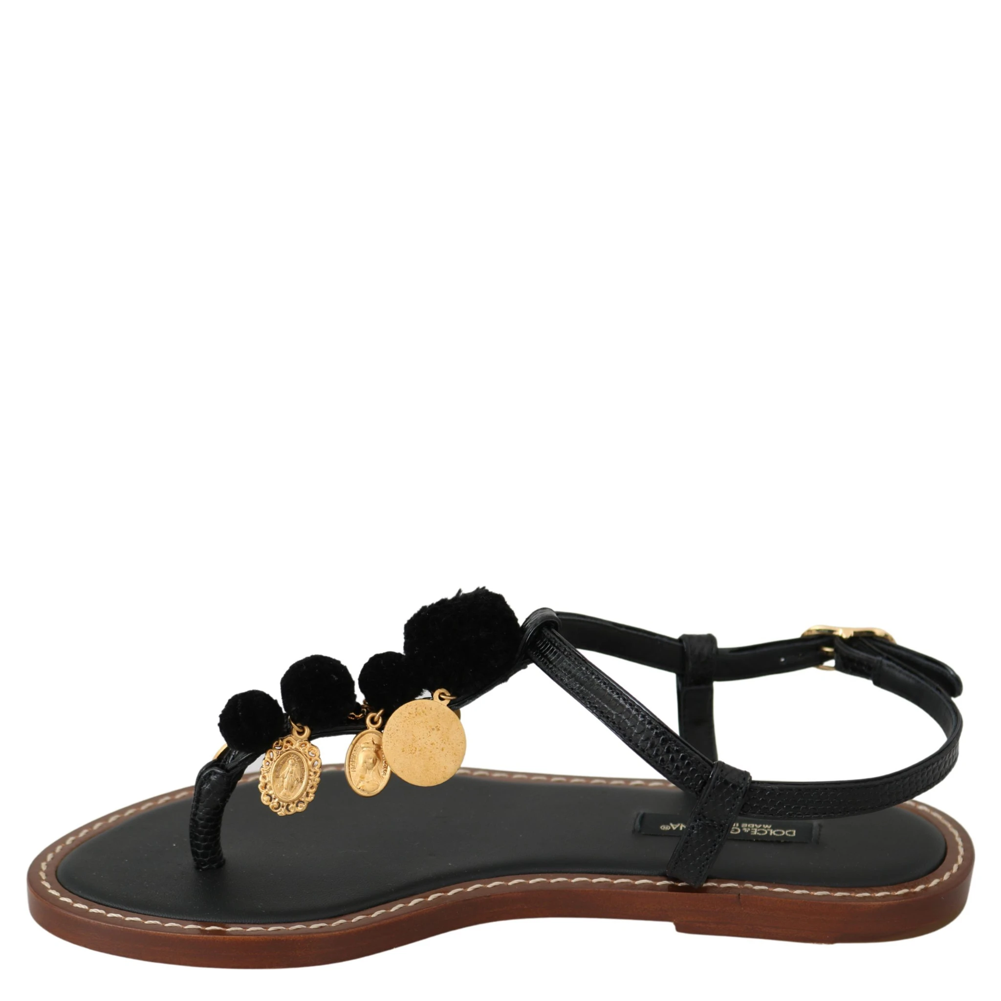 Black Leather Coins Flip Flops Sandals Shoes