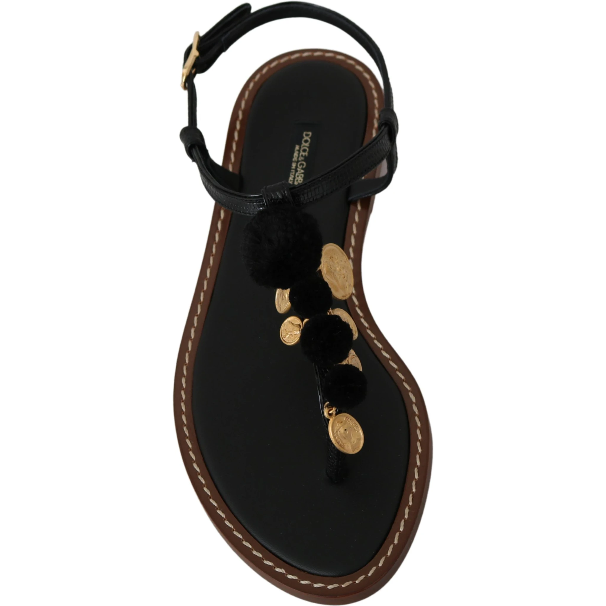 Black Leather Coins Flip Flops Sandals Shoes