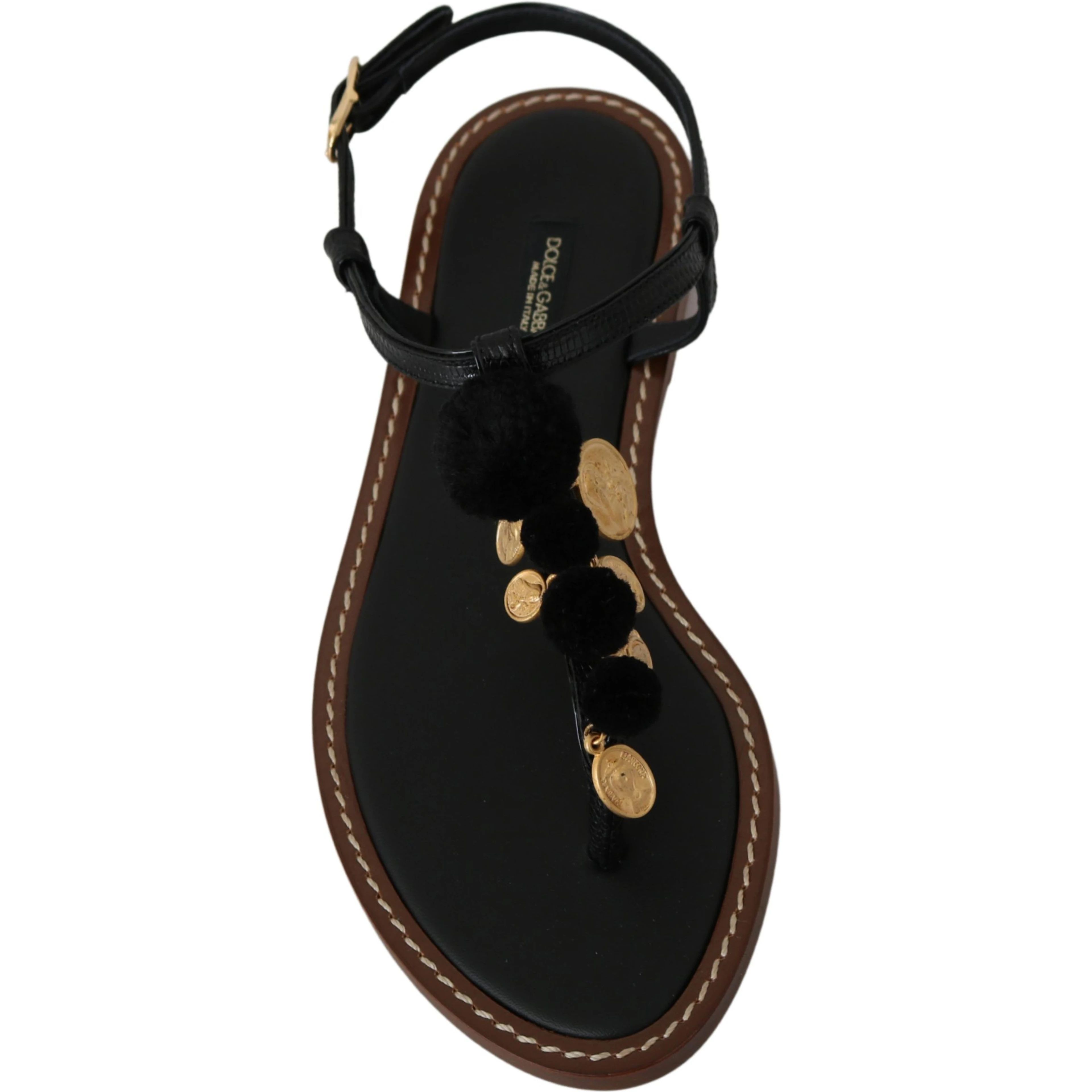 Black Leather Coins Flip Flops Sandals Shoes