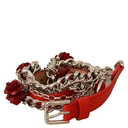 Red Leather Roses Floral Silver Waist Belt