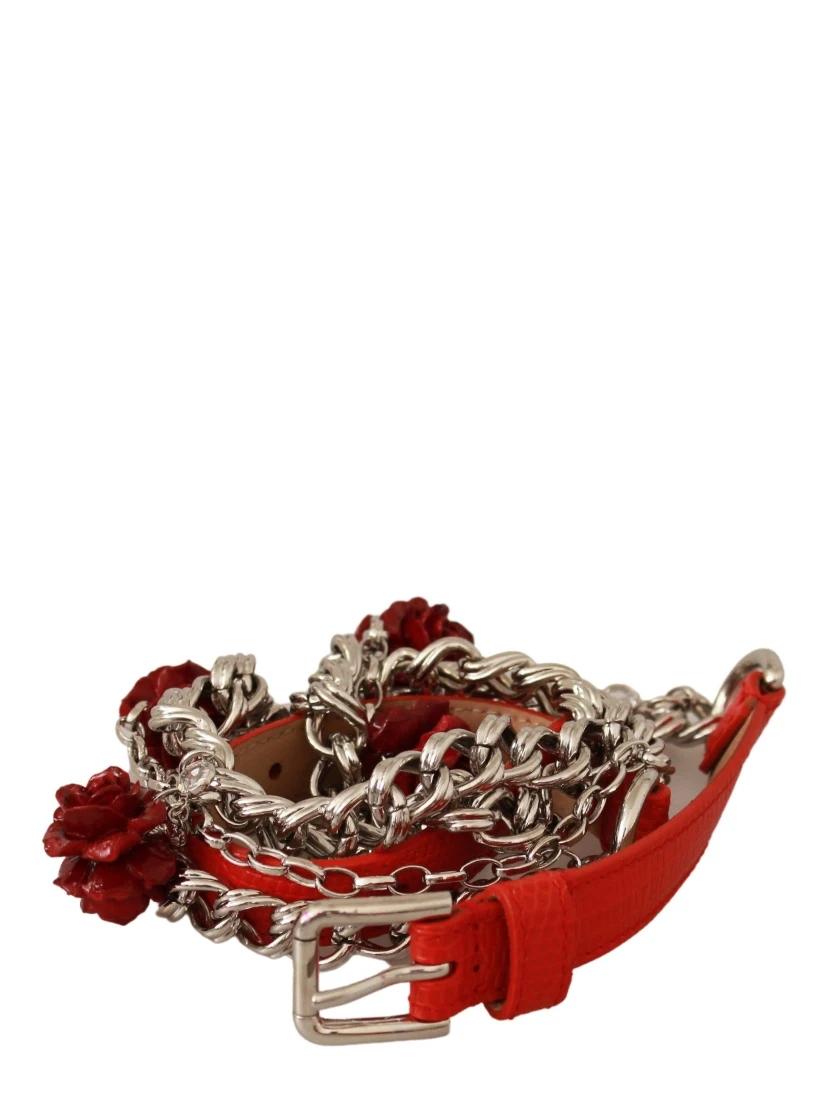 Red Leather Roses Floral Silver Waist Belt