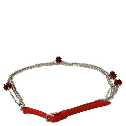 Red Leather Roses Floral Silver Waist Belt