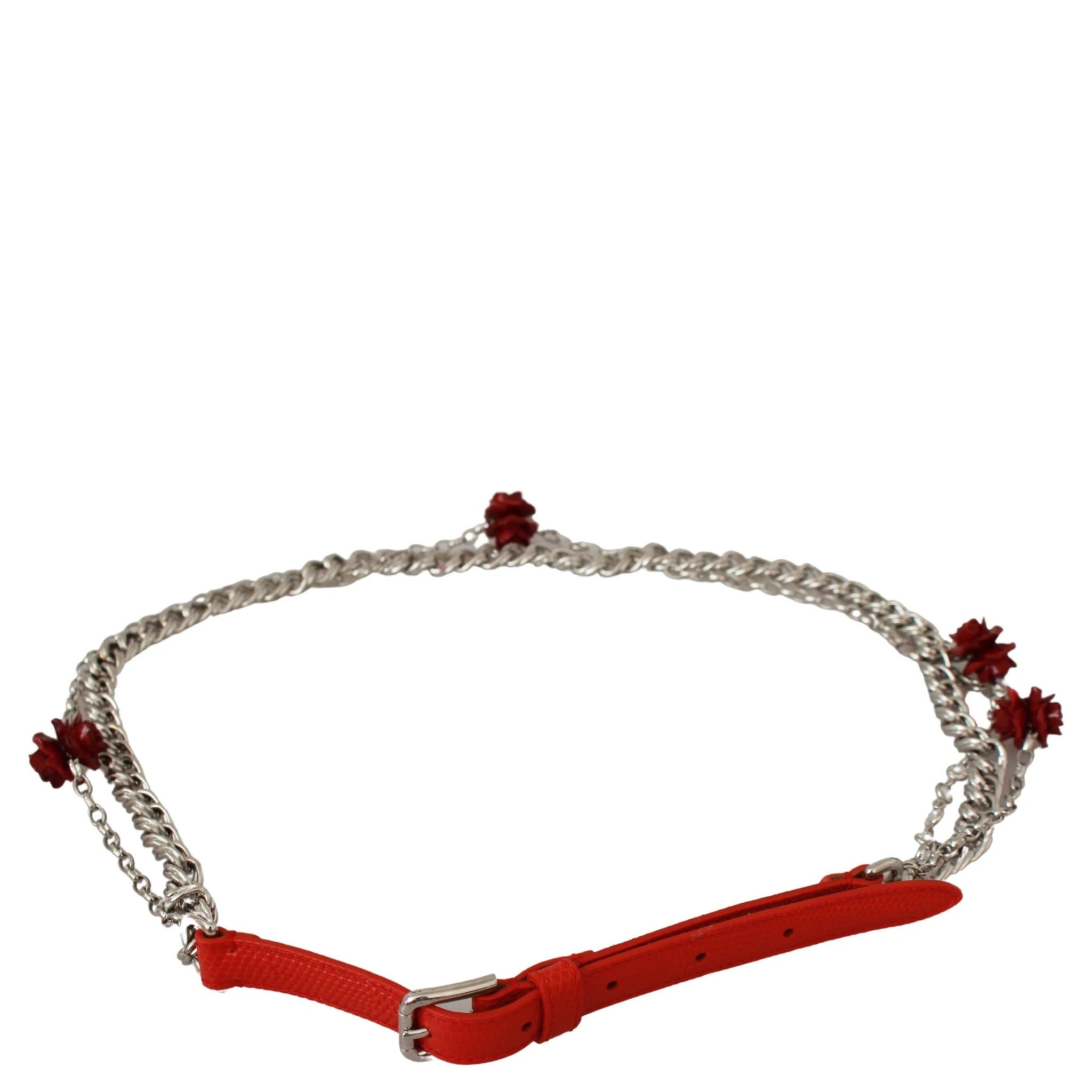 Red Leather Roses Floral Silver Waist Belt