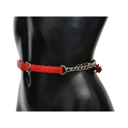 Red Leather Roses Floral Silver Waist Belt