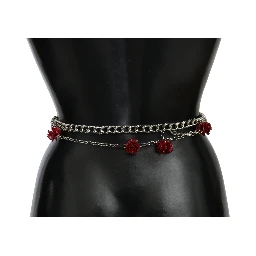 Red Leather Roses Floral Silver Waist Belt