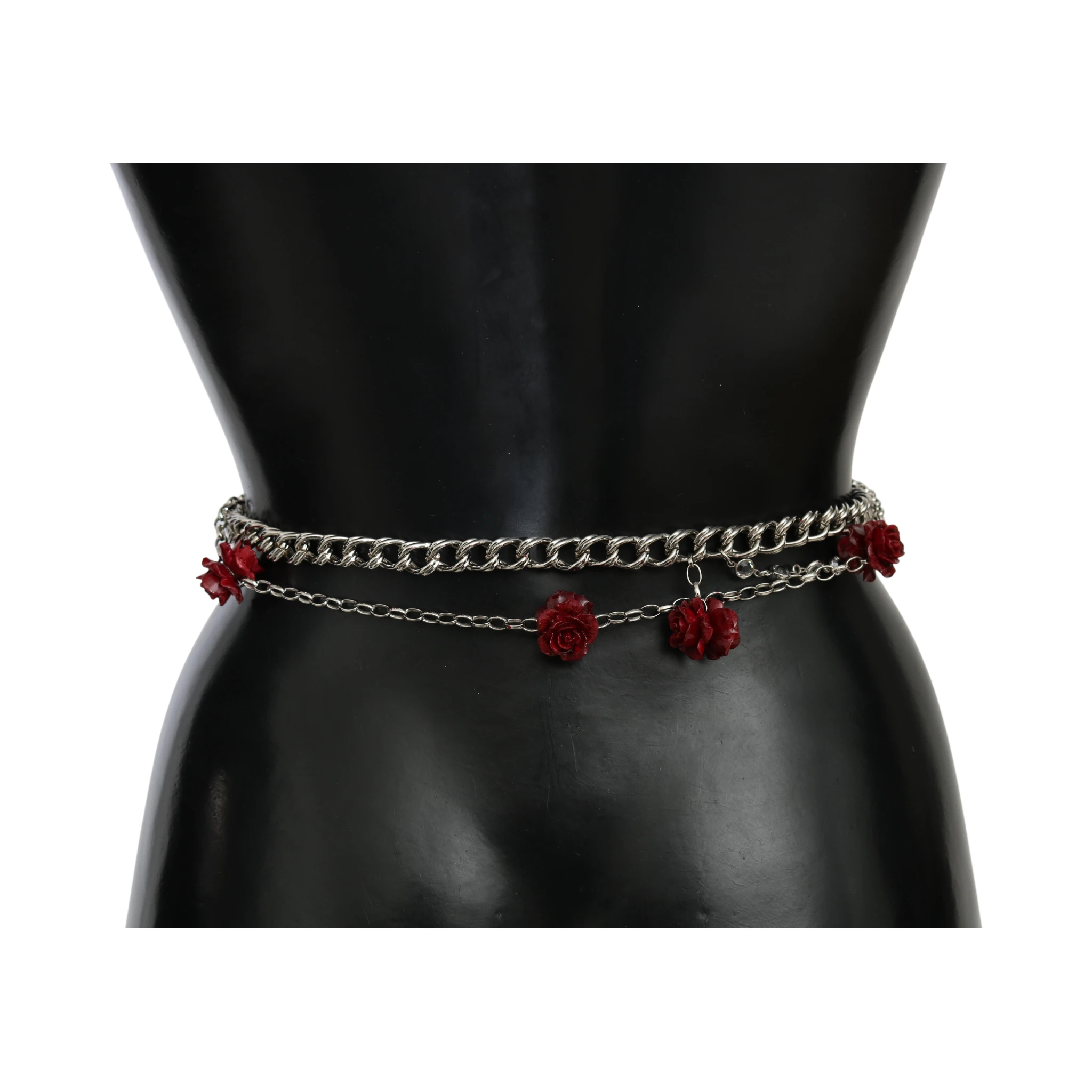 Red Leather Roses Floral Silver Waist Belt