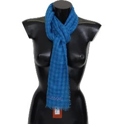 Blue Checkered Cashmere Unisex Wrap Fringes Scarf