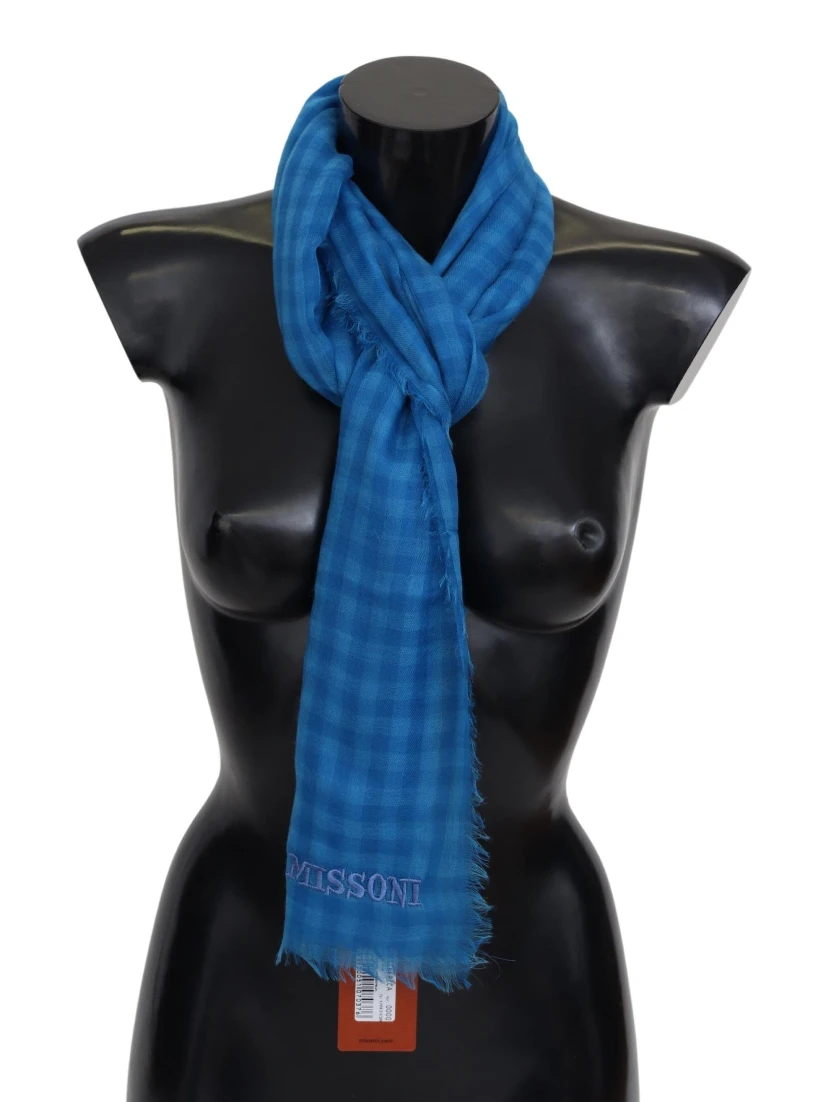 Blue Checkered Cashmere Unisex Wrap Fringes Scarf