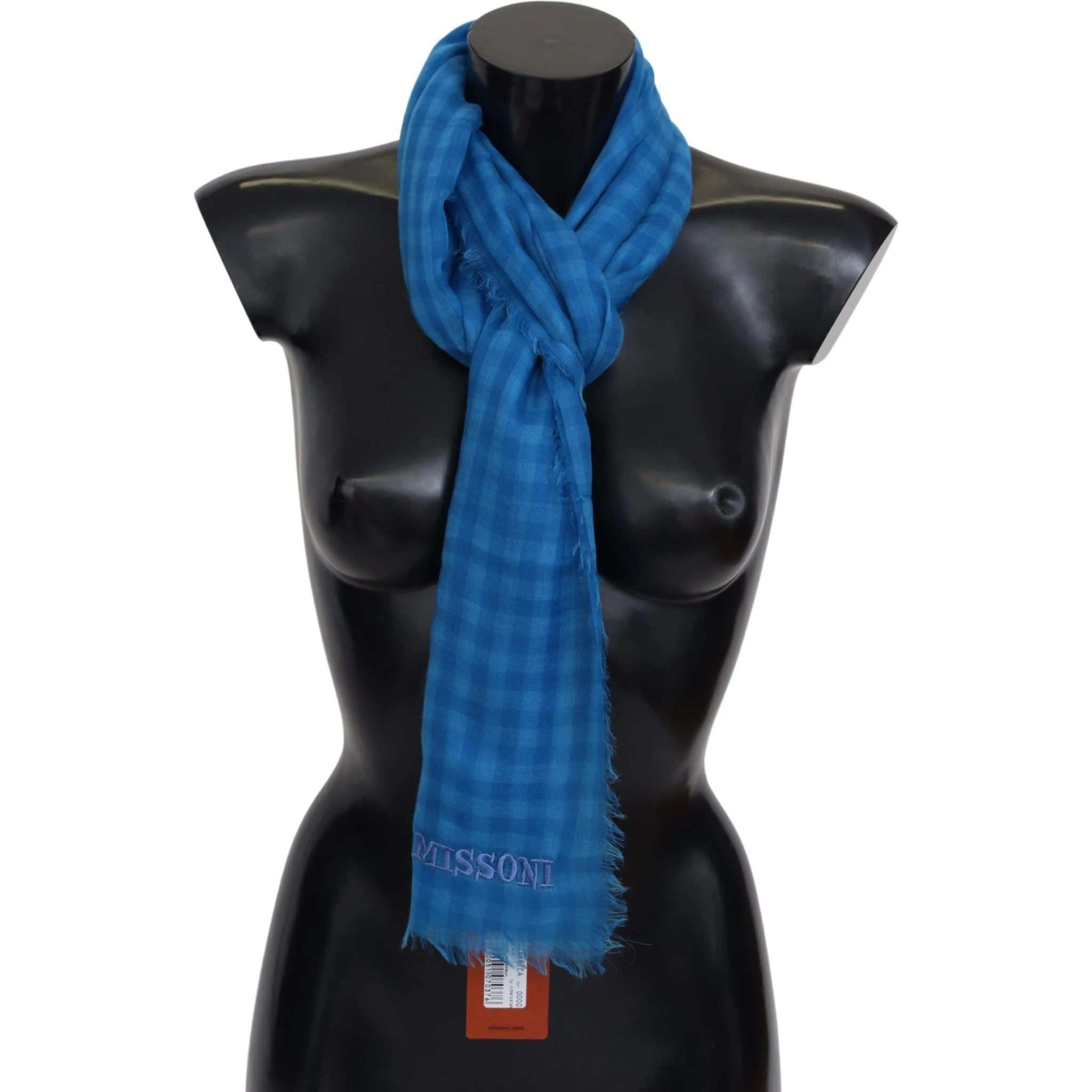 Blue Checkered Cashmere Unisex Wrap Fringes Scarf