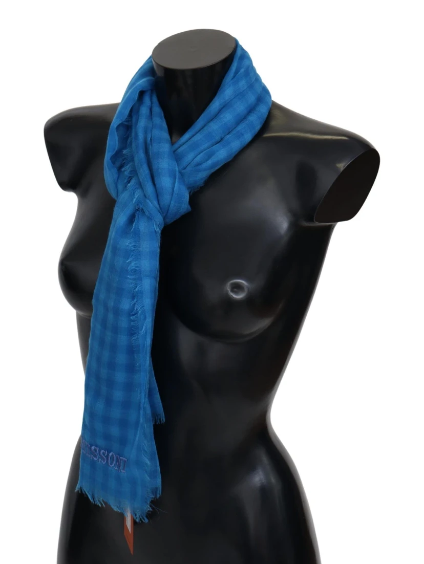 Blue Checkered Cashmere Unisex Wrap Fringes Scarf