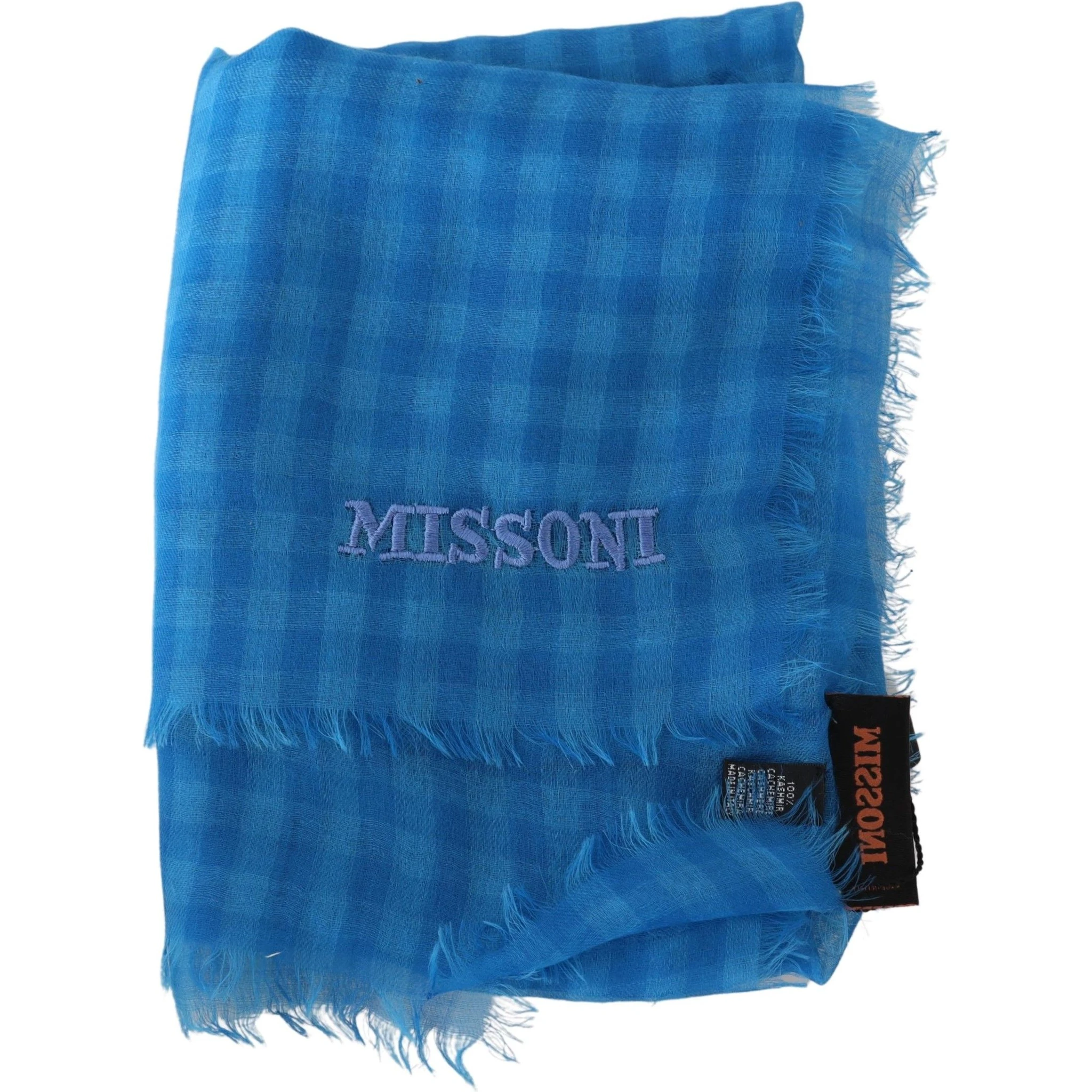 Blue Checkered Cashmere Unisex Wrap Fringes Scarf