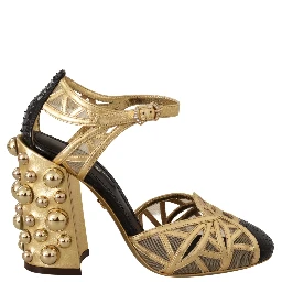 Black Gold Leather Studded Ankle Straps Shoes