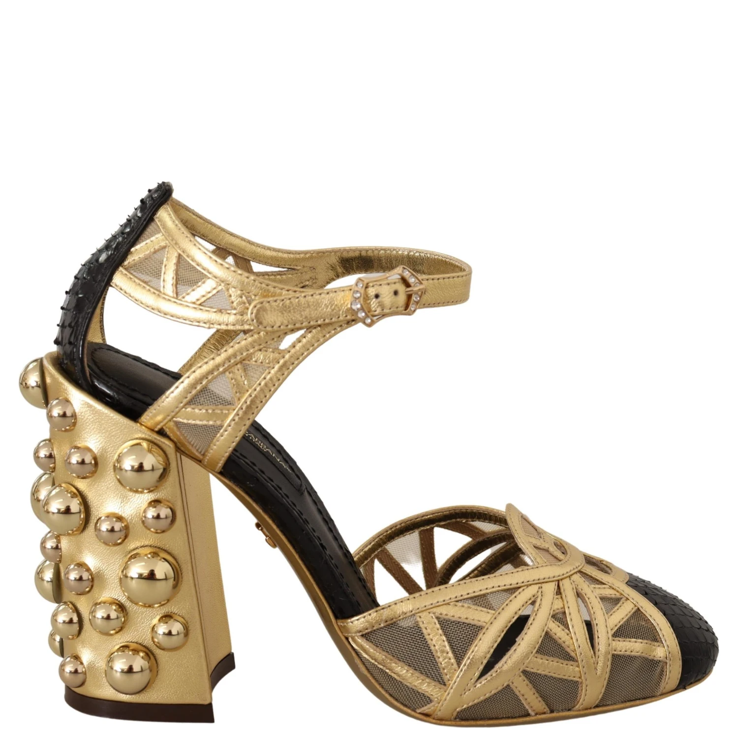 Black Gold Leather Studded Ankle Straps Shoes