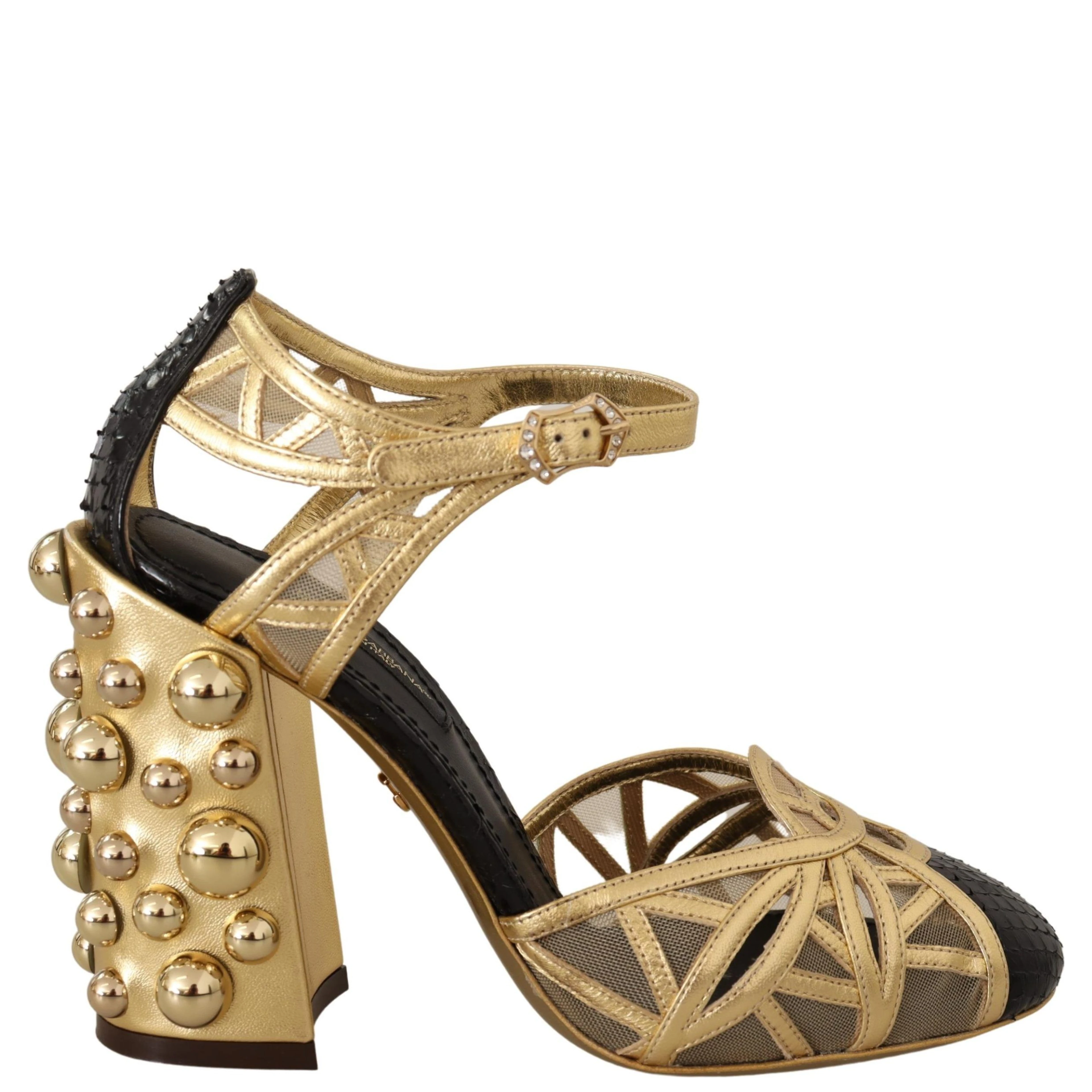 Black Gold Leather Studded Ankle Straps Shoes
