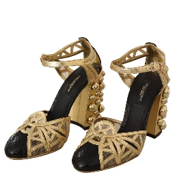 Black Gold Leather Studded Ankle Straps Shoes
