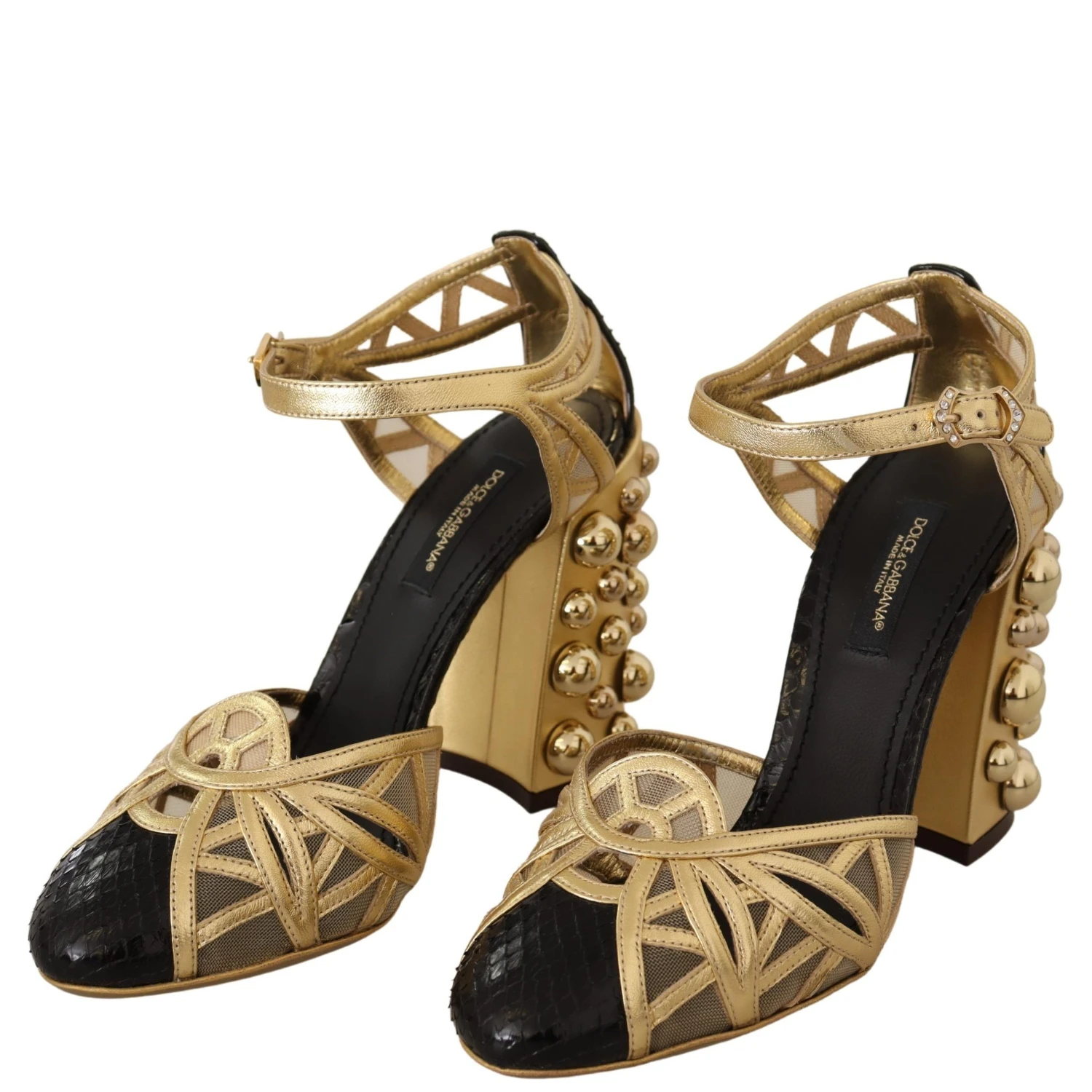 Black Gold Leather Studded Ankle Straps Shoes