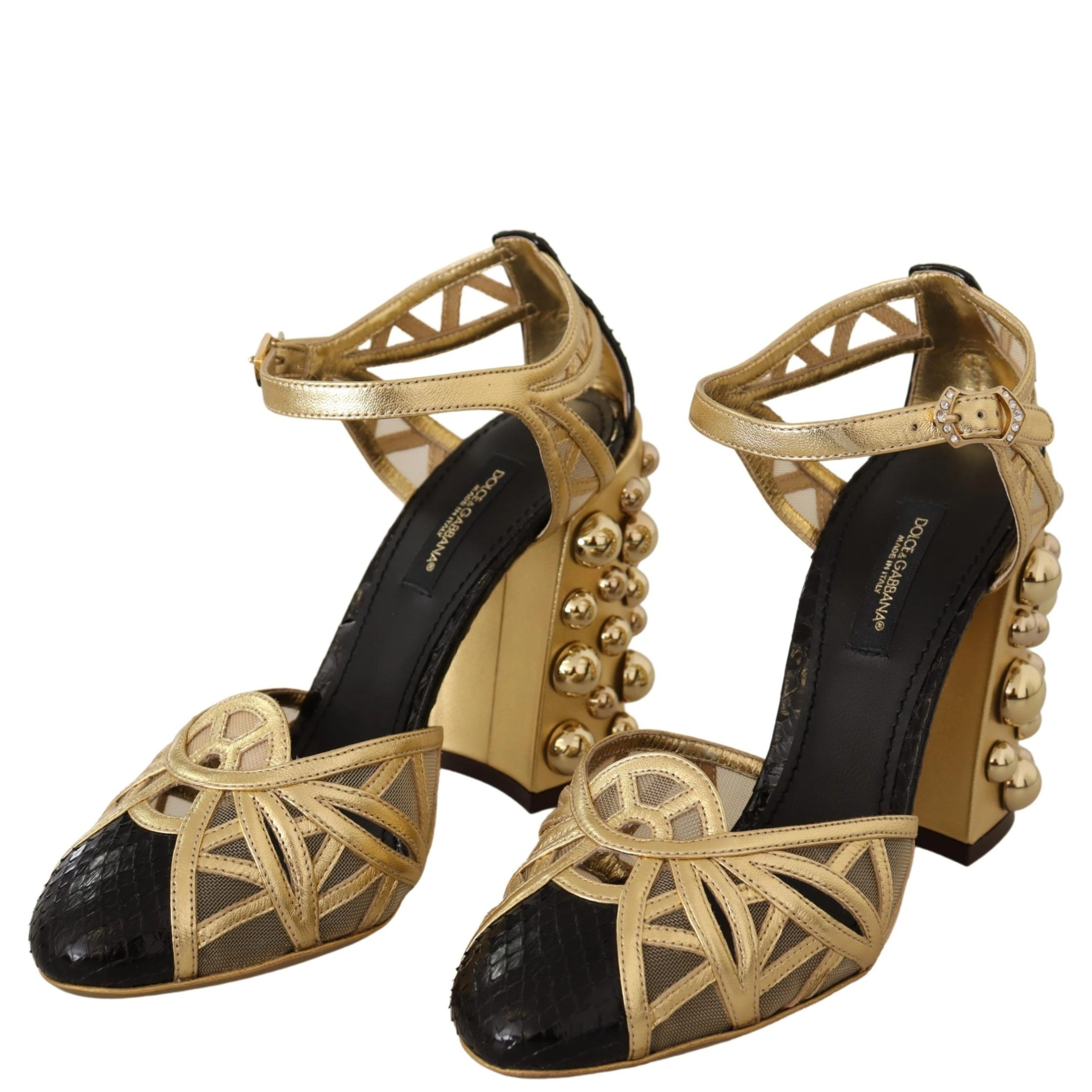 Black Gold Leather Studded Ankle Straps Shoes