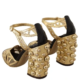 Black Gold Leather Studded Ankle Straps Shoes