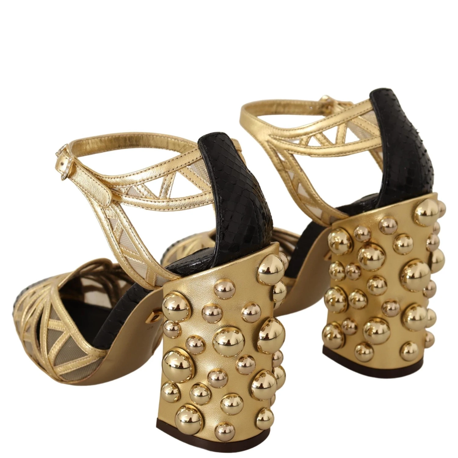 Black Gold Leather Studded Ankle Straps Shoes