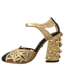 Black Gold Leather Studded Ankle Straps Shoes