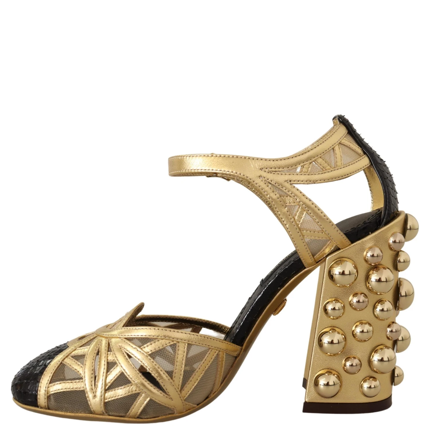 Black Gold Leather Studded Ankle Straps Shoes