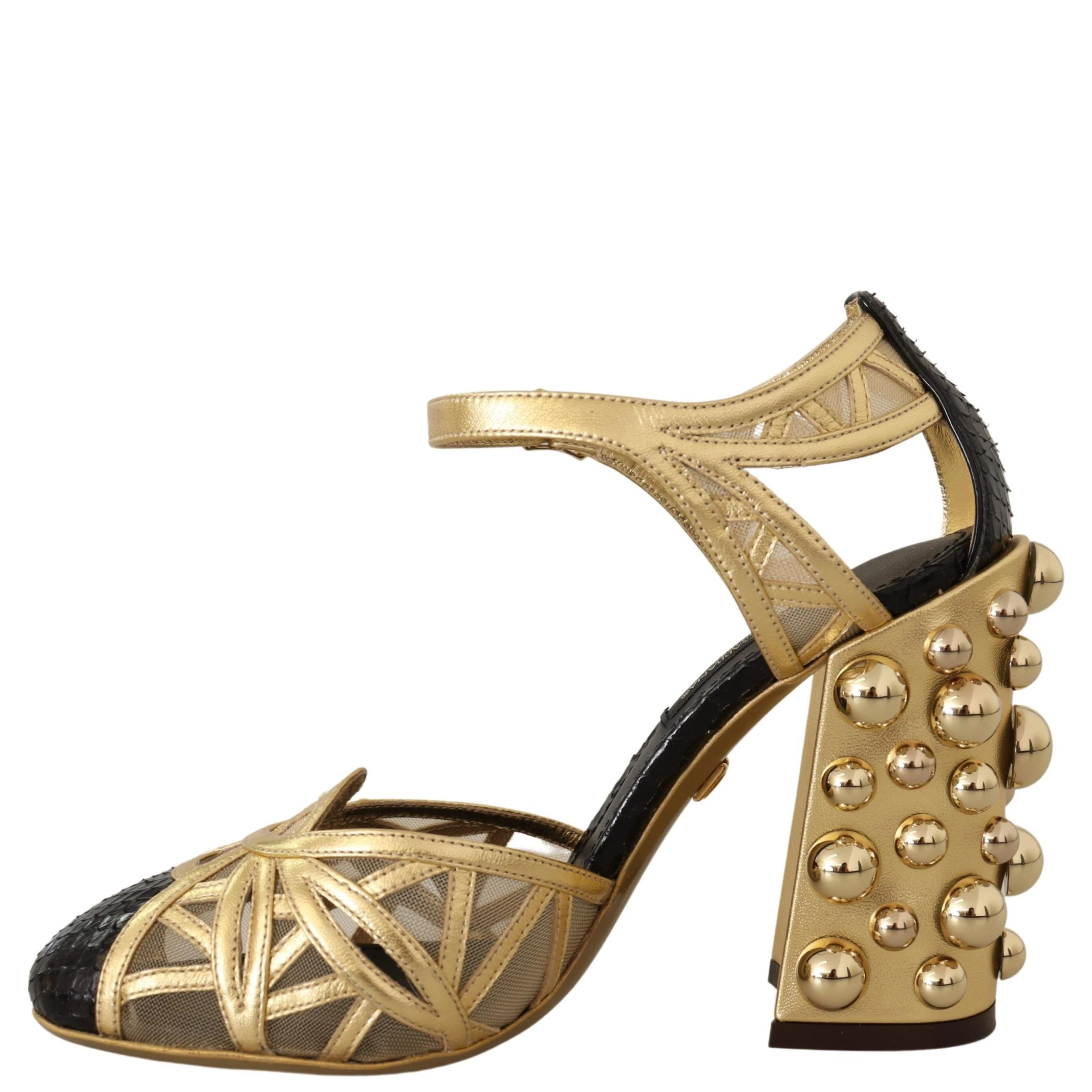 Black Gold Leather Studded Ankle Straps Shoes