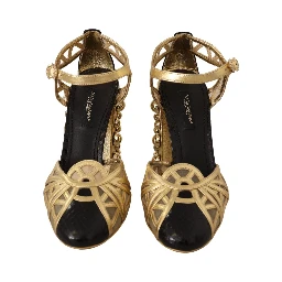 Black Gold Leather Studded Ankle Straps Shoes